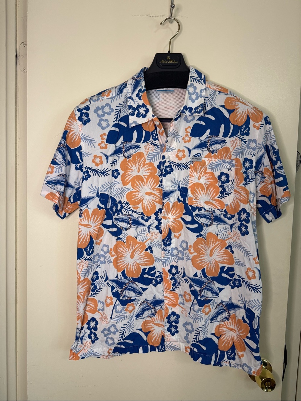 Columbia PFG Hawaiian Fishing Shirt Men's Medium Blue Orange